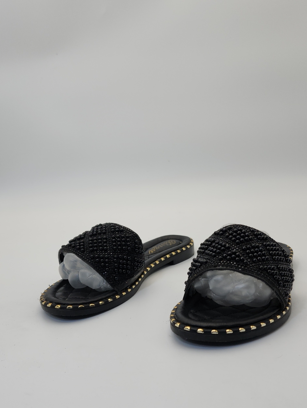Black Faux Pearl Decor Flat Slide Sandals Size 37